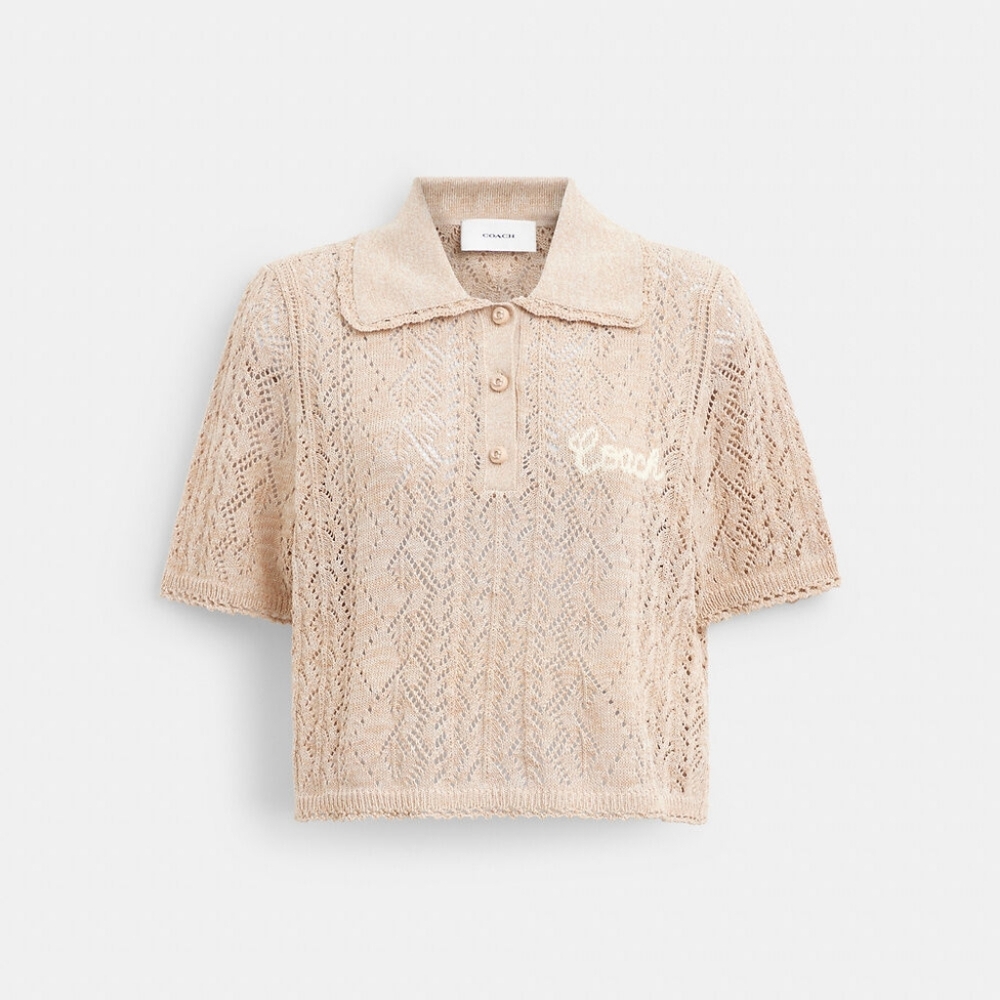 COACH NWOT Beige Crochet Knit Short Sleeve Button-up Polo Top - Size XL